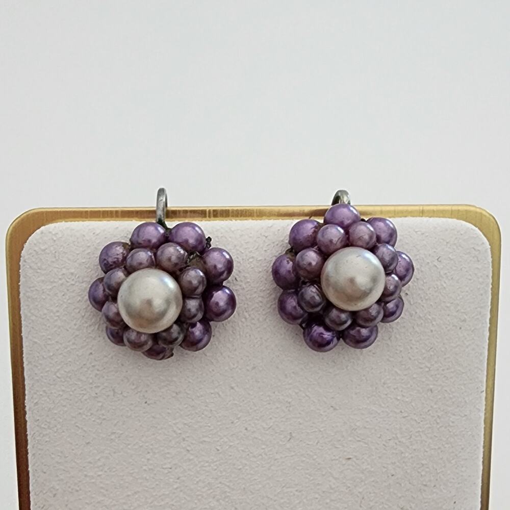 Vintage purple beaded flower shaped screw on clip on earrings